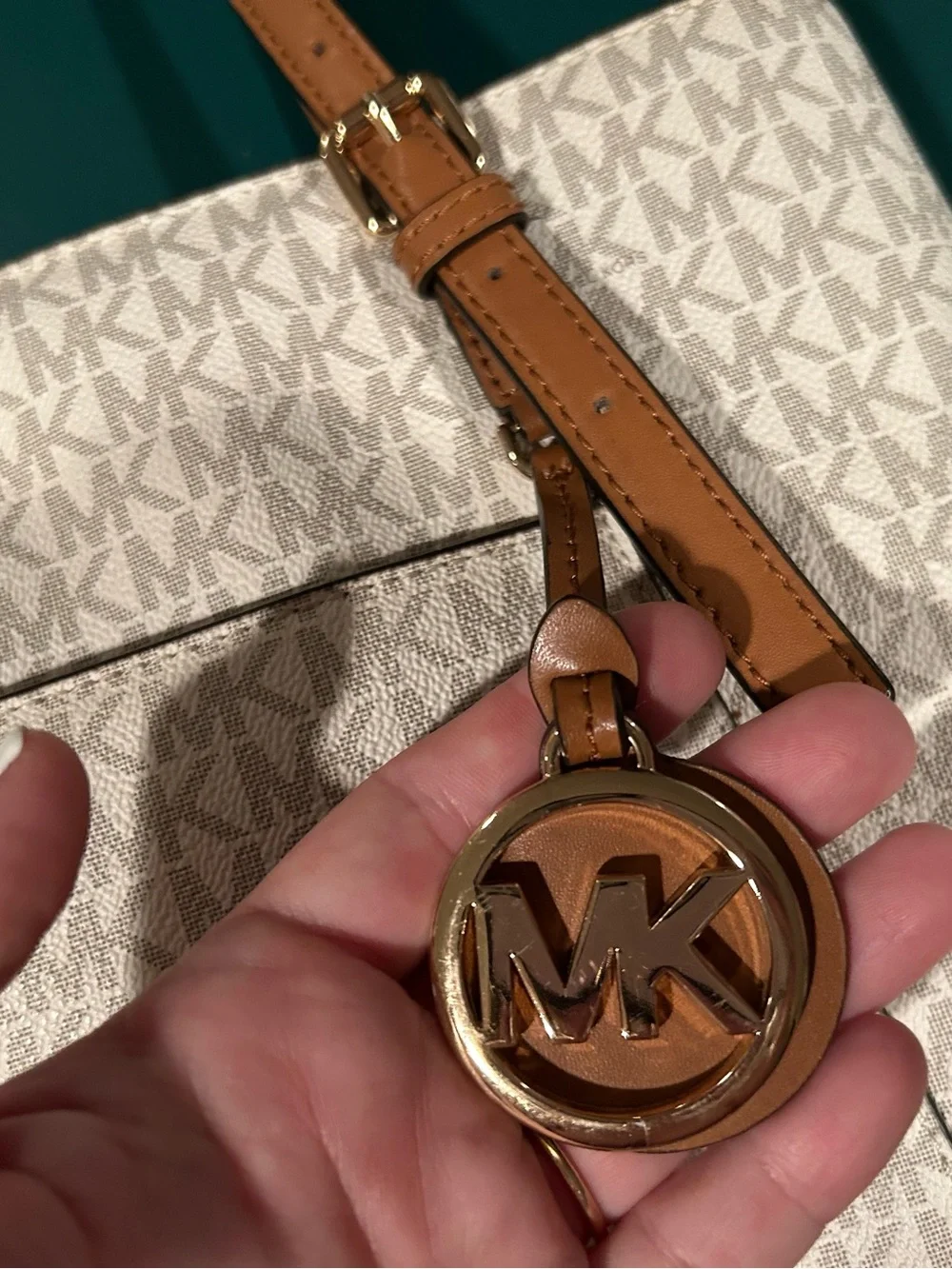 Michael Kors Cream Logo Tote with Tan Leather Trim